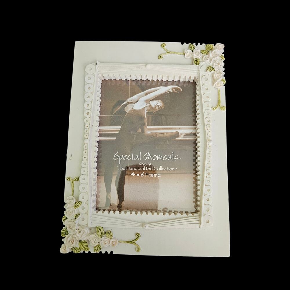 Vintage White Rose Floral 4x6 Picture Frame Resin Cottage Chic Decor